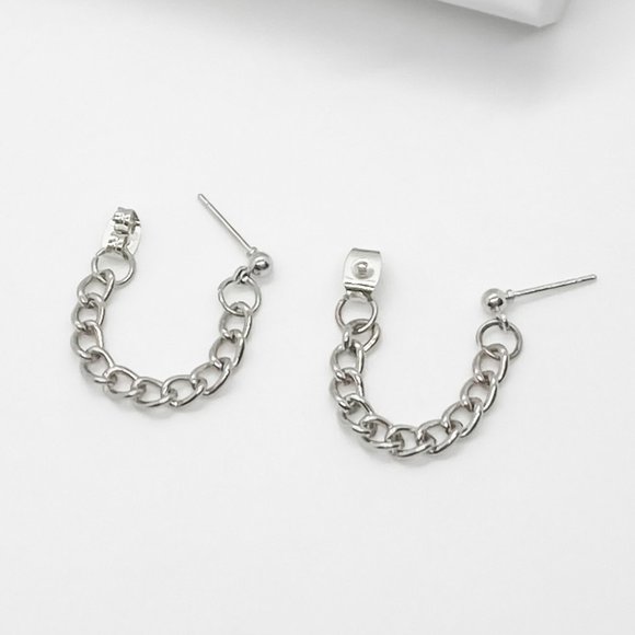 Chain Earrings | Punk Curb Stainless Steel Stud Emo Punk Grunge Loop Earrings - Picture 1 of 10